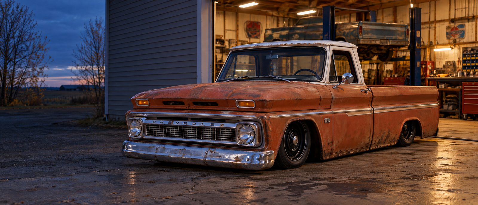 Lowered, weathered orange Chevrolet pickup parked outside an open workshop bay at dusk